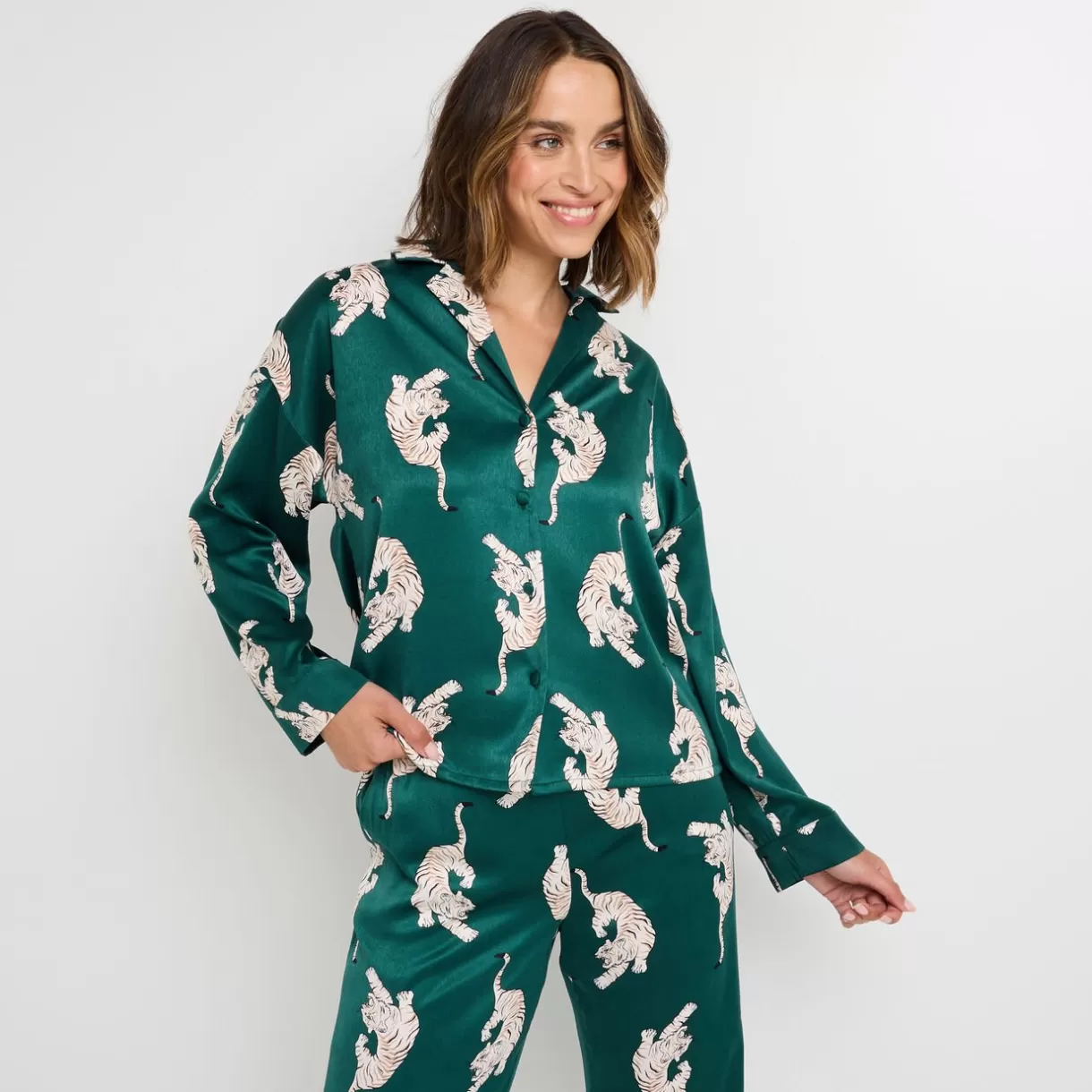 Haut De Pyjama | Pyjama<GRAMMY CHEMISE MANCHES LONGUES SATIN MULTICO VERT MULTICOVERT