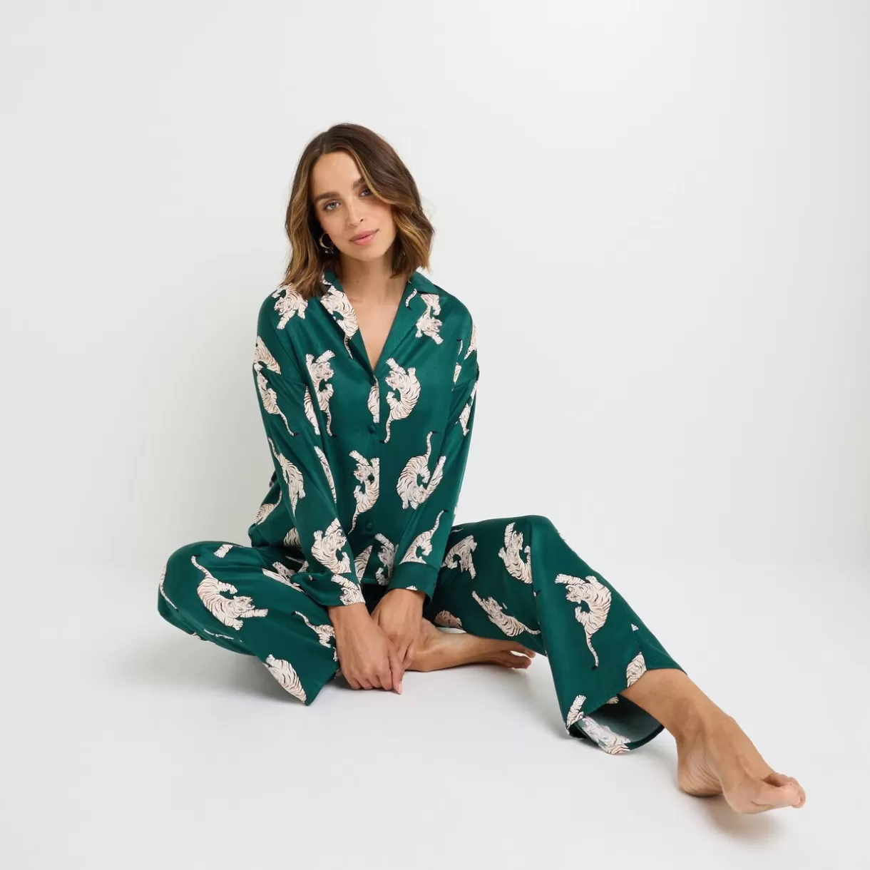 Haut De Pyjama | Pyjama<GRAMMY CHEMISE MANCHES LONGUES SATIN MULTICO VERT MULTICOVERT