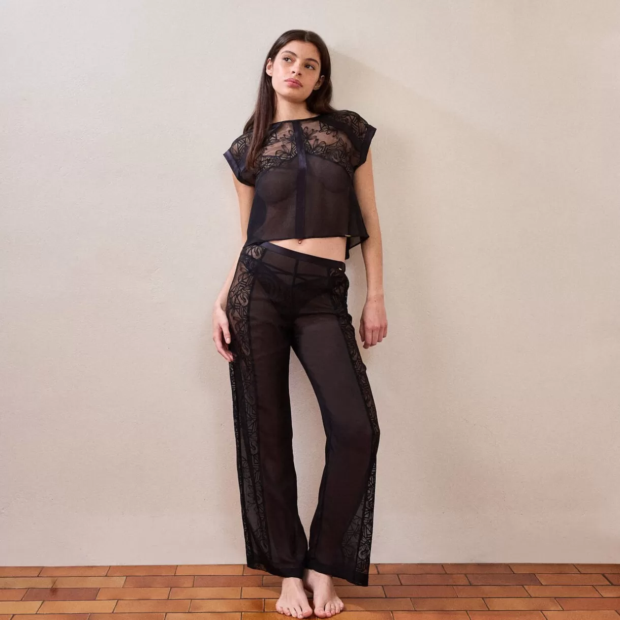 Lingerie De Nuit Sexy | Bas De Pyjama<FLEUR PANTALON NOIR