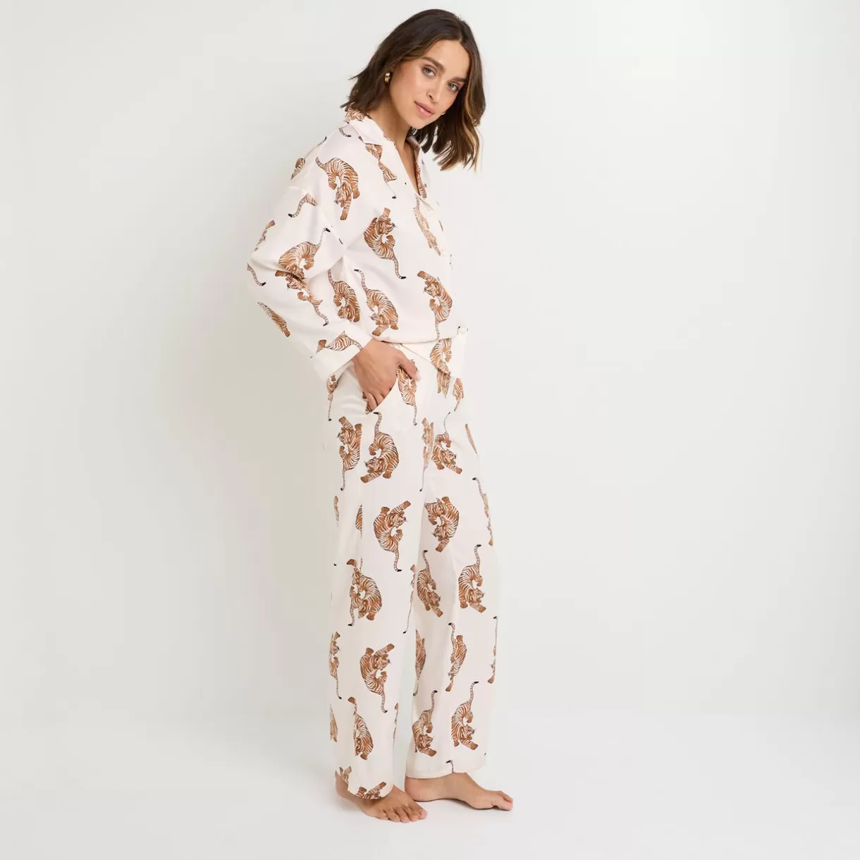 Bas De Pyjama | Pyjama<GRAMMY PANTALON SATIN IMPRIME TIGRE MULTICO BLANC MULTICOBLANC