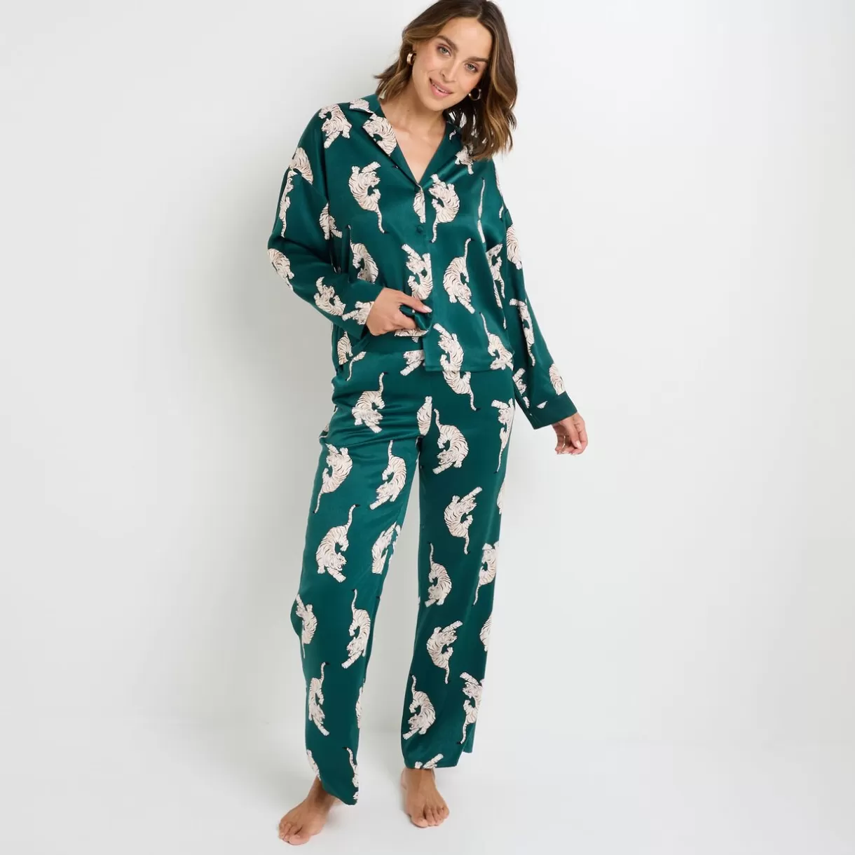 Bas De Pyjama | Pyjama<GRAMMY PANTALON SATIN IMPRIME TIGRE MULTICO VERT MULTICOVERT