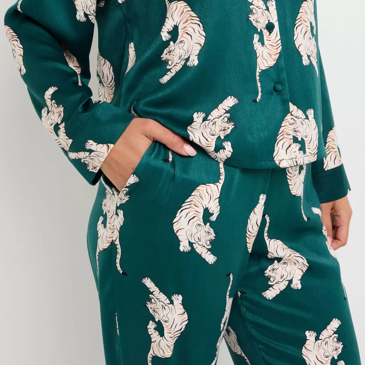 Bas De Pyjama | Pyjama<GRAMMY PANTALON SATIN IMPRIME TIGRE MULTICO VERT MULTICOVERT