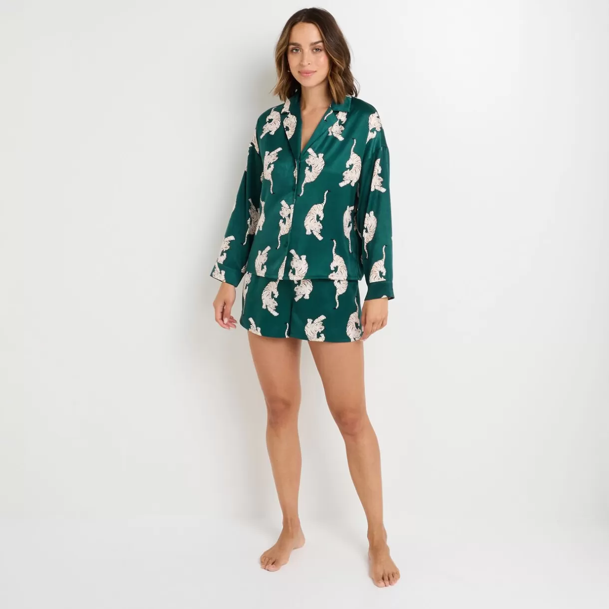 Bas De Pyjama | Pyjama<GRAMMY SHORT SATIN IMPRIME TIGRE MULTICO VERT MULTICOVERT