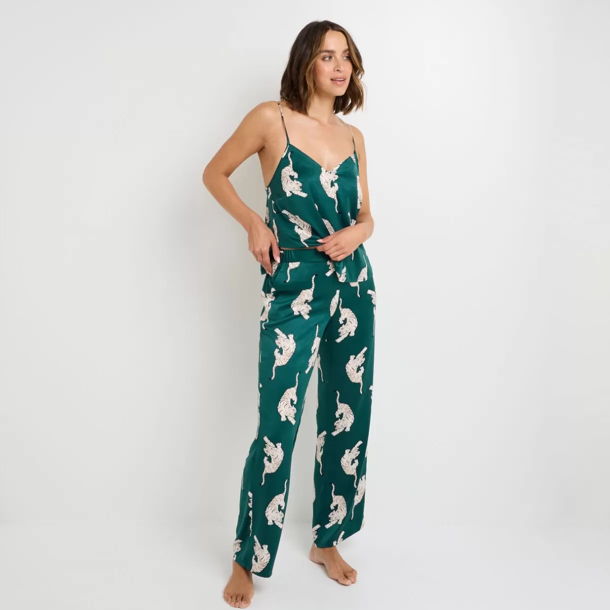 Haut De Pyjama | Pyjama<GRAMMY TOP SATIN IMPRIME TIGRE MULTICO VERT MULTICOVERT