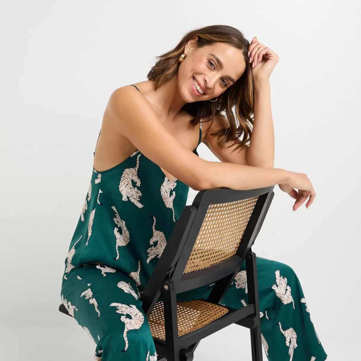 Haut De Pyjama | Pyjama<GRAMMY TOP SATIN IMPRIME TIGRE MULTICO VERT MULTICOVERT